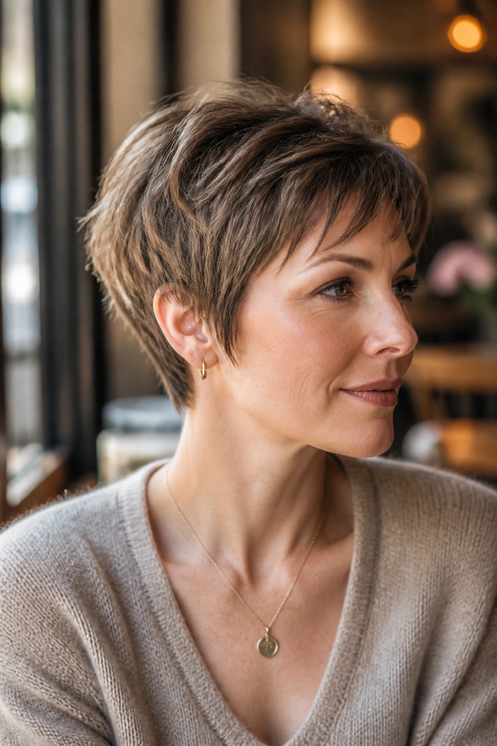Close-up of real woman's pixie with soft-frame variation showing longer temples and subtle fringe