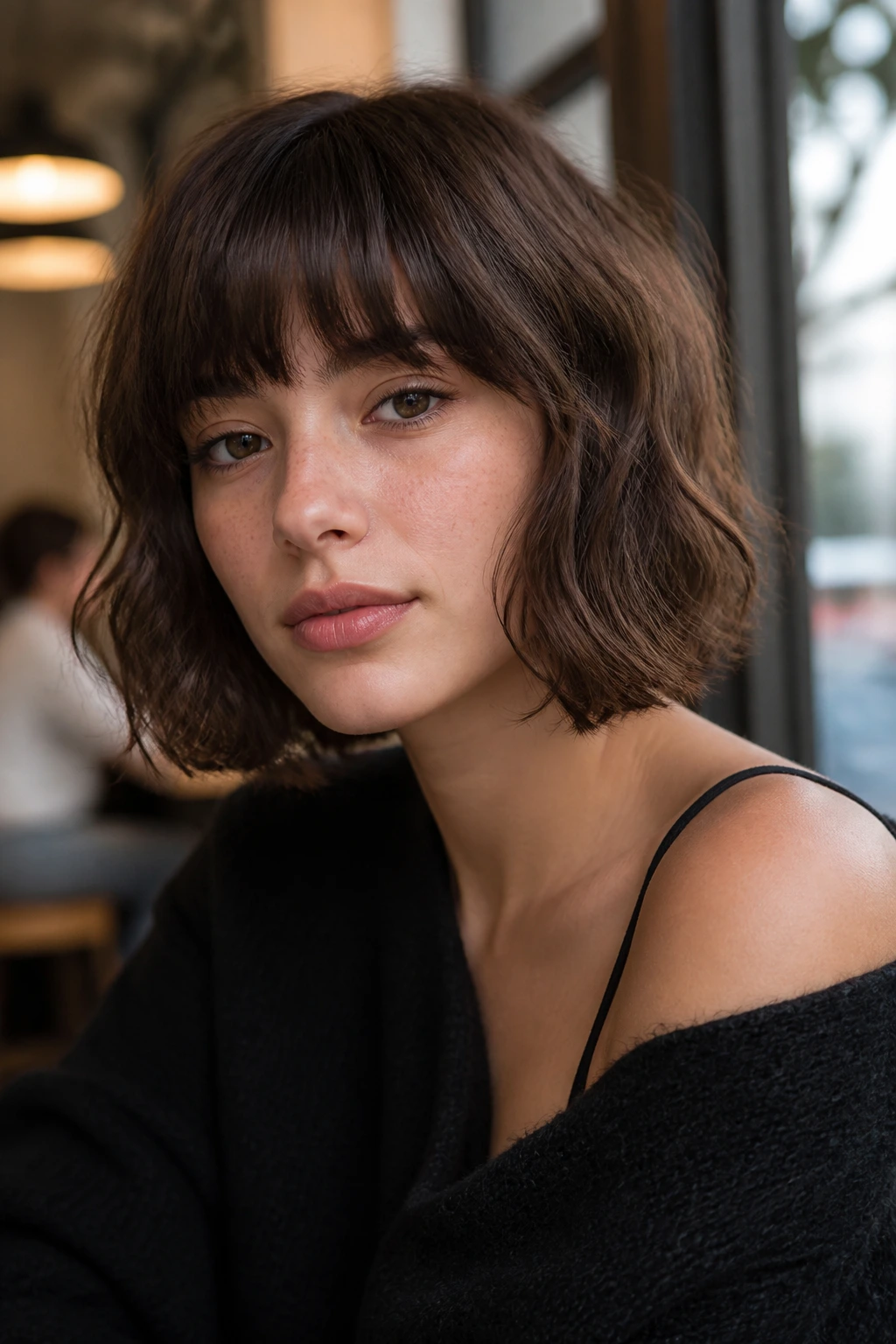 Close-up of a real woman with a soft French bob and brow-skimming fringe