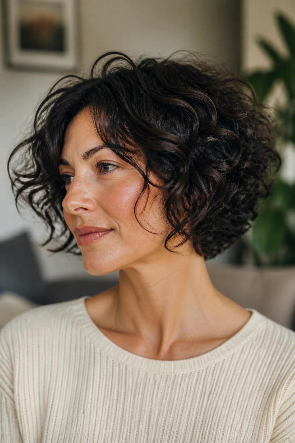 Close-up of a real woman with soft French bob and curly stack