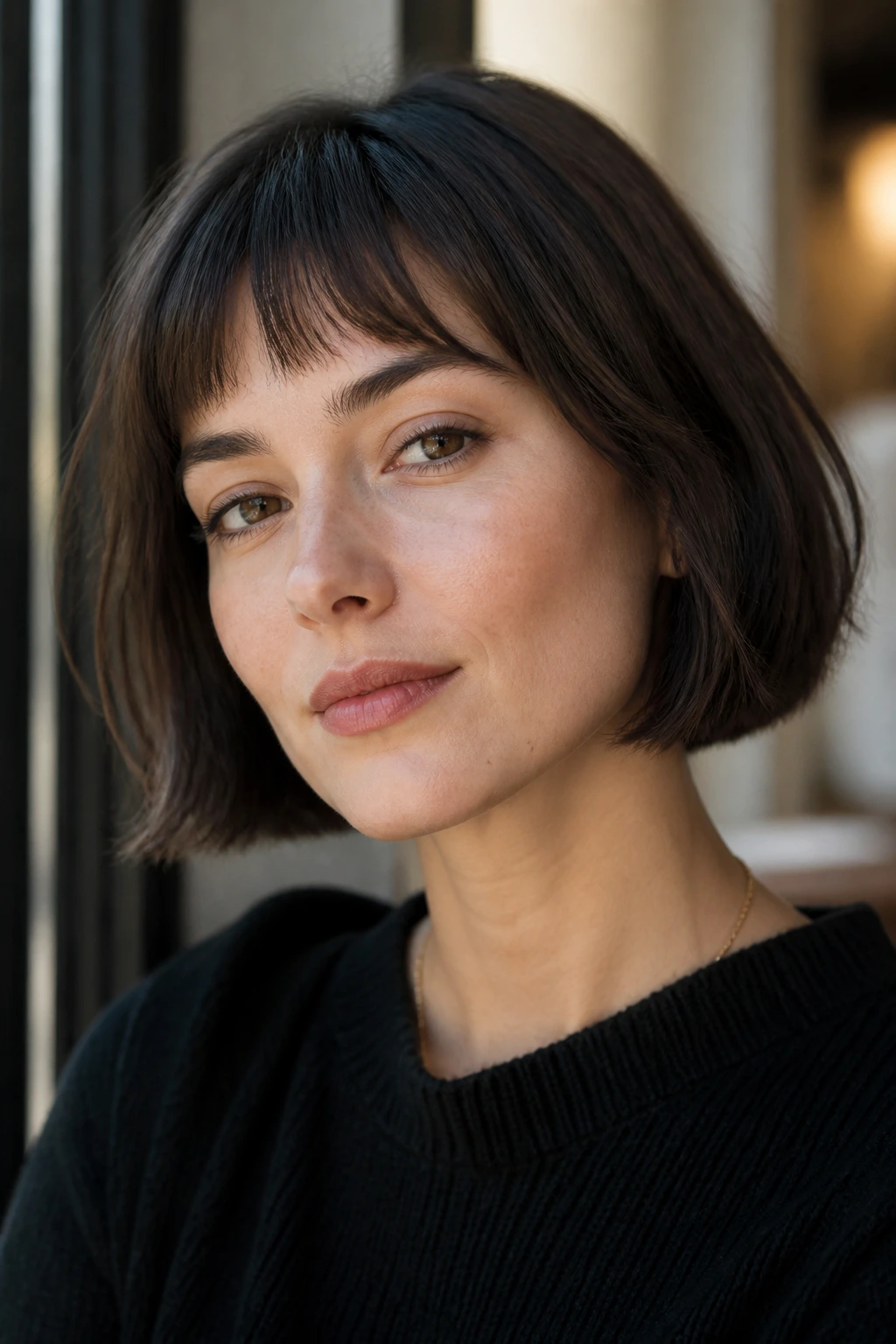 Portrait of a woman with a soft French bob and micro fringe.