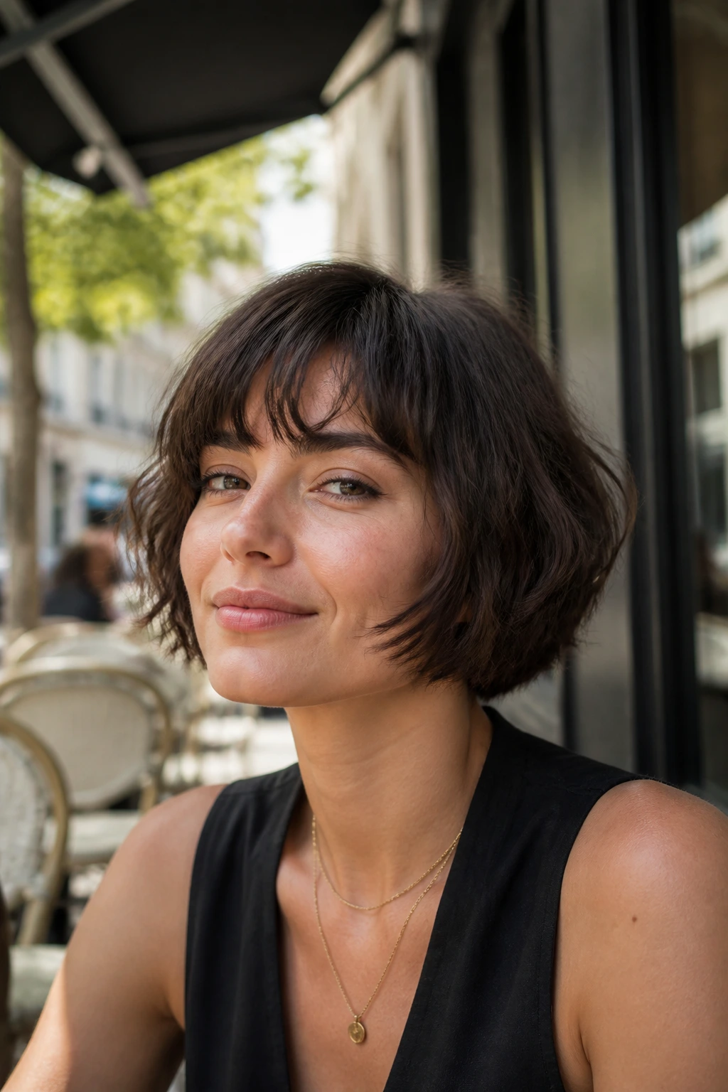 Portrait of a woman with a soft French bob.