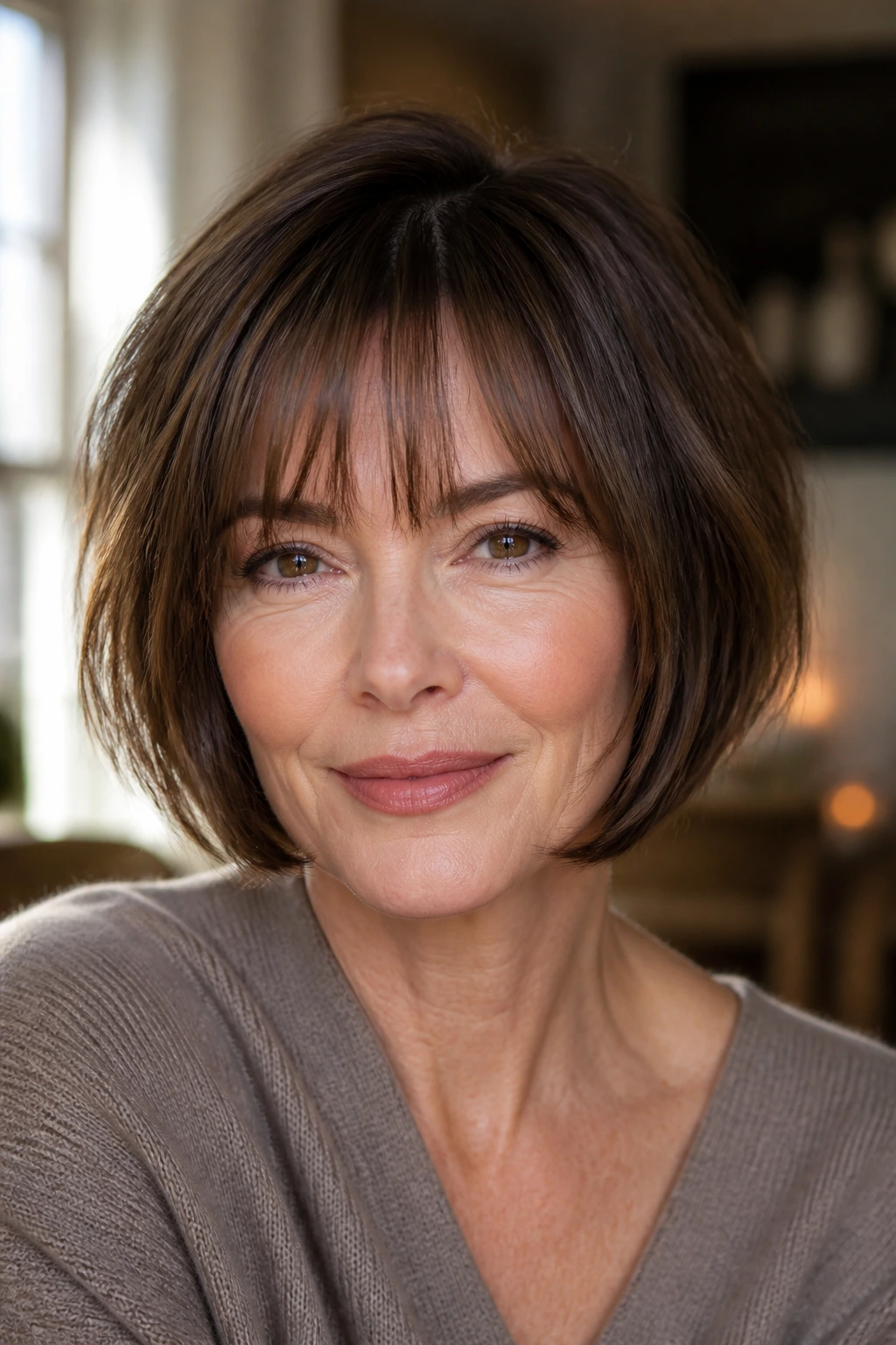 Close-up portrait of a real woman with Soft French Bob and Brow-Grazing Fringe in warm window light.