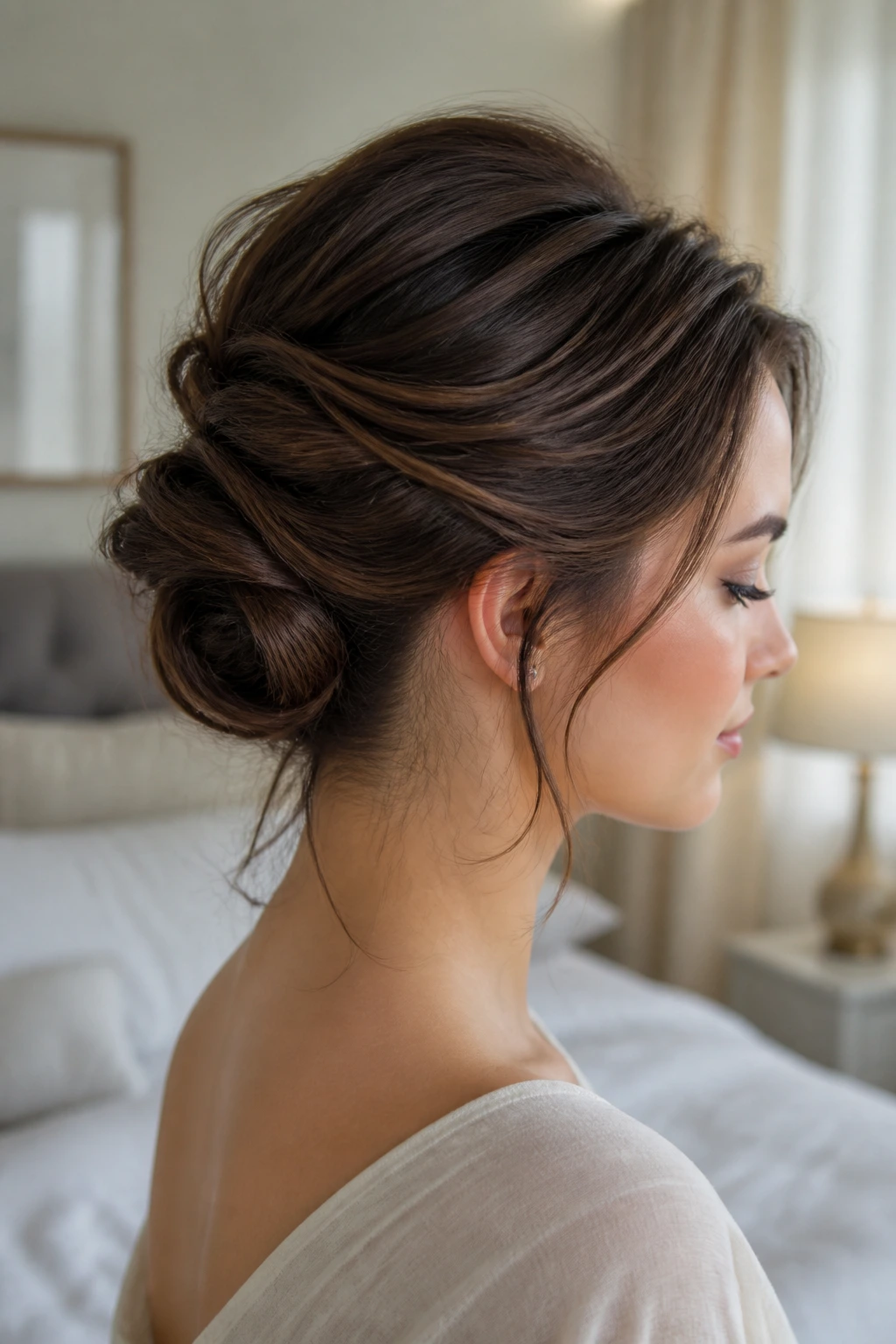 Close-up portrait of a real person with a soft French chignon at the nape