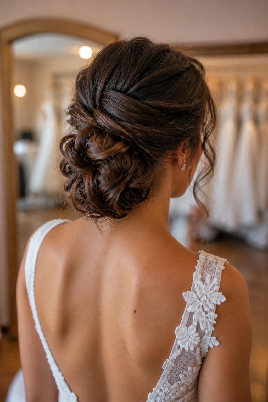 Bride with soft French roll and curled ends at the nape