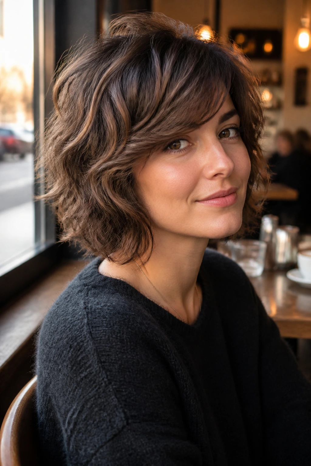 Close-up of a real woman with soft French shag and side-swept fringe