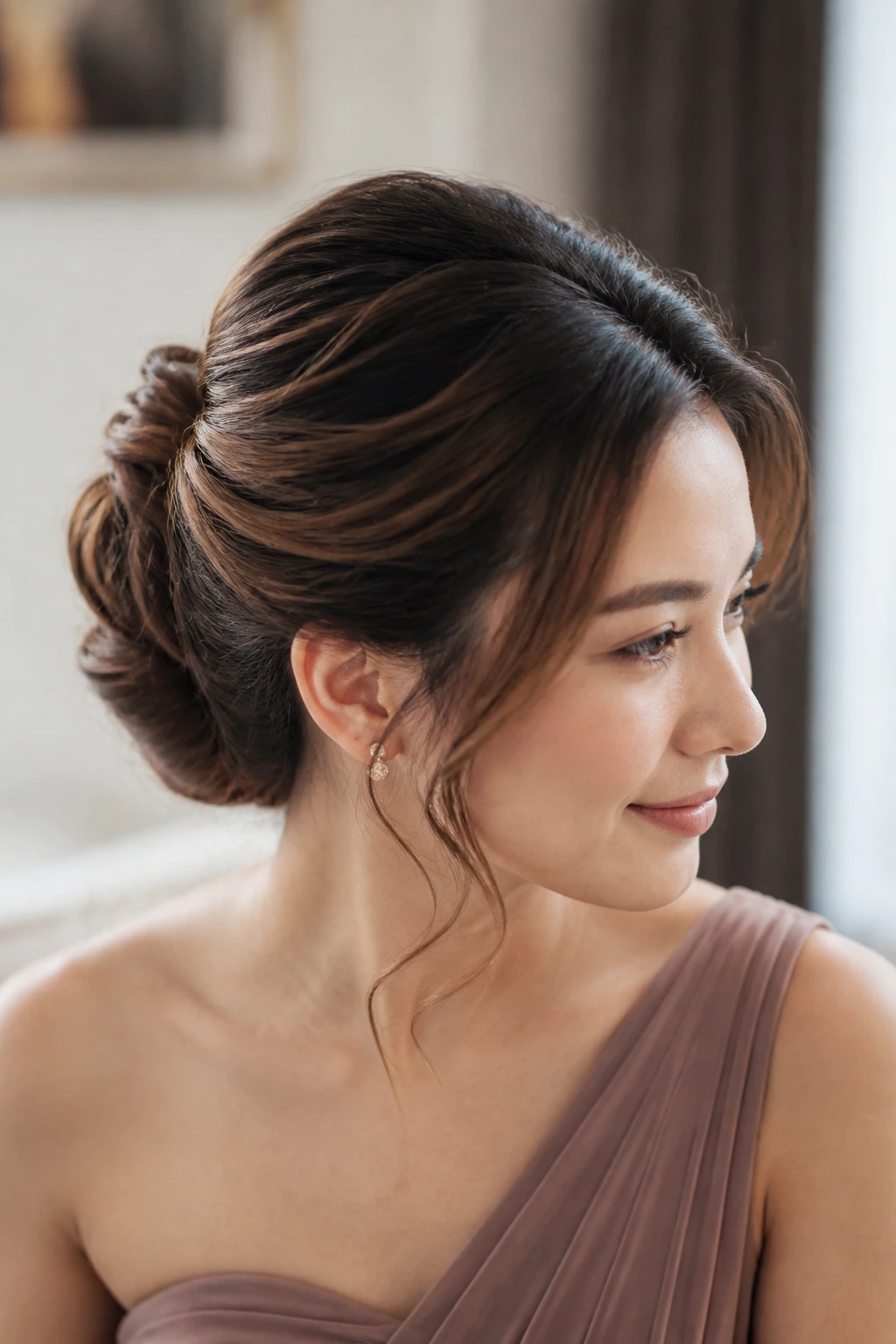 Close-up of a real woman with a soft French twist bun in a softly lit room