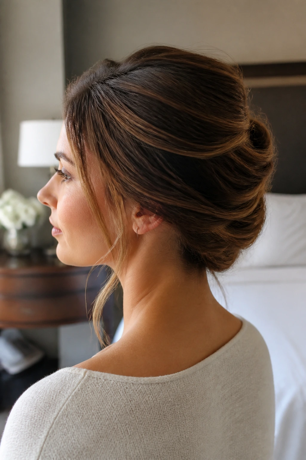 Real woman with a soft French twist bun.