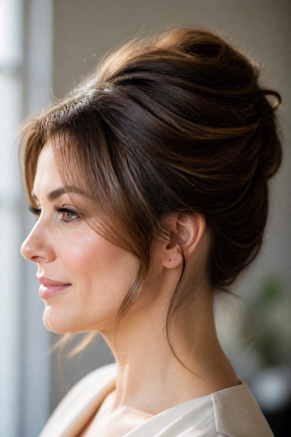 Real woman with a soft French twist and crown lift