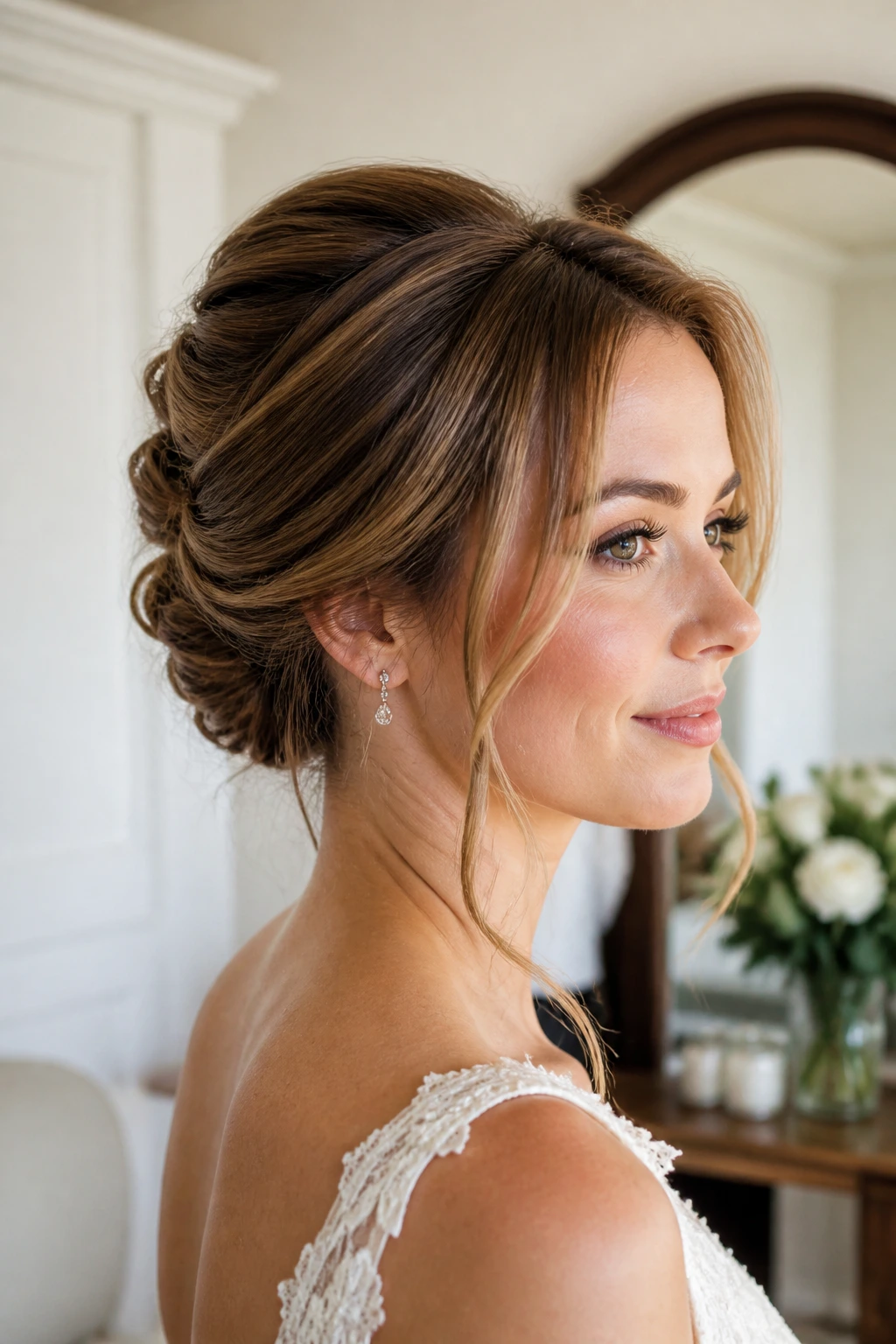 Bride with a soft French twist and face-framing pieces