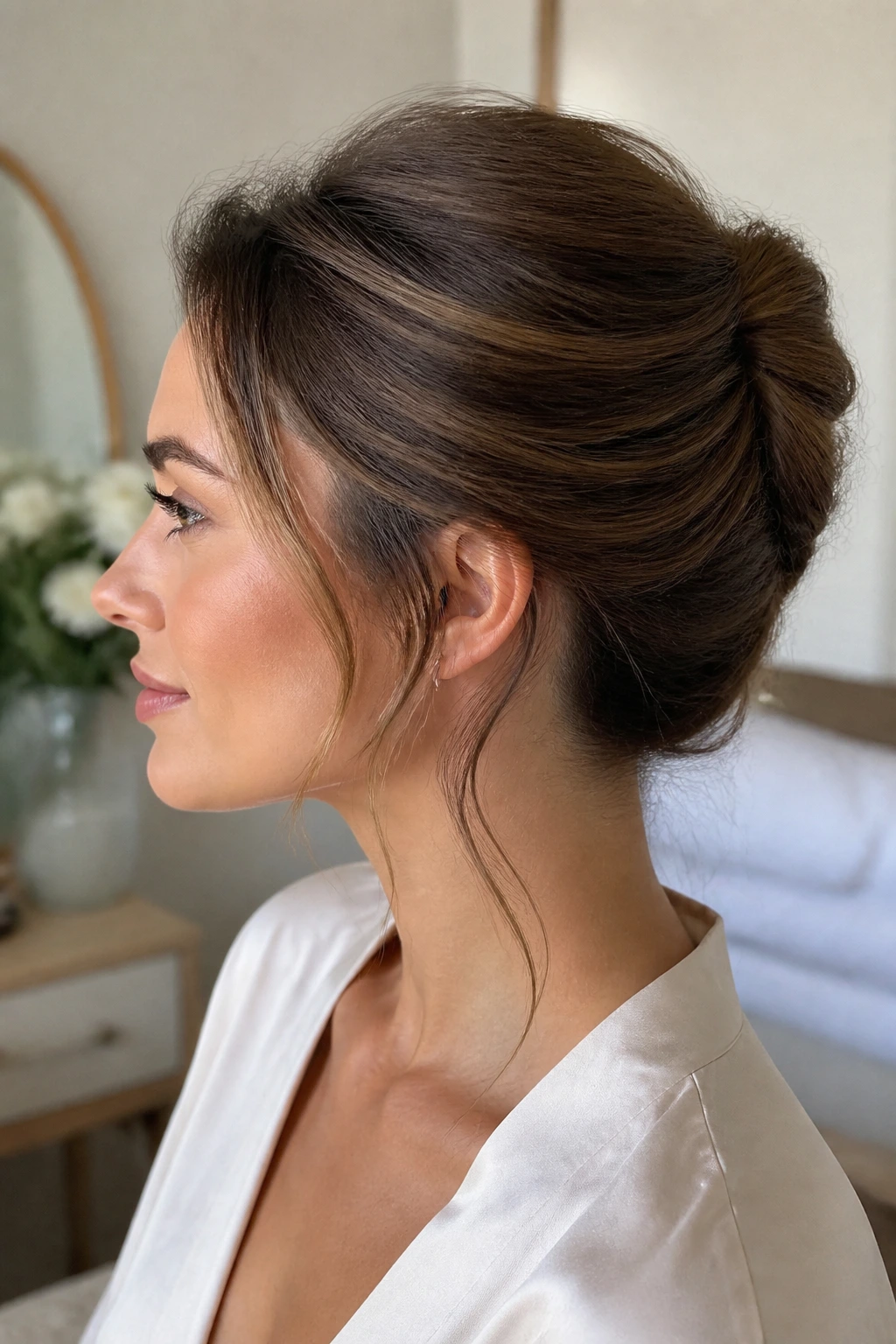 Profile of a woman with a modern soft French twist and lifted crown
