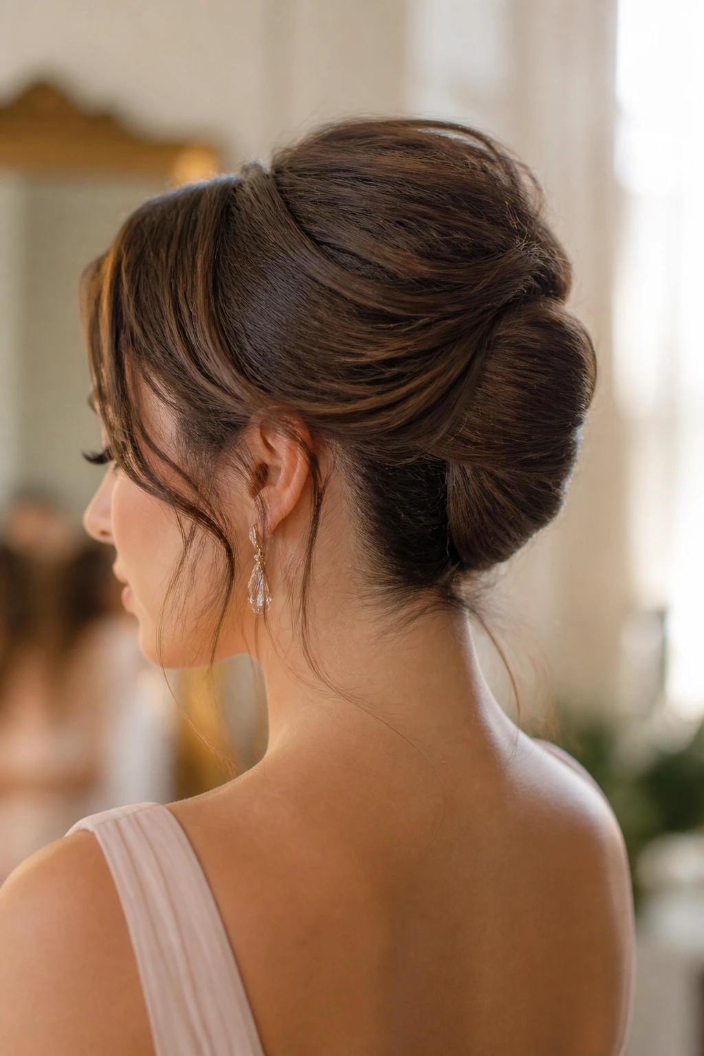 Close-up of a real woman with a soft French twist in a softly lit bridal suite