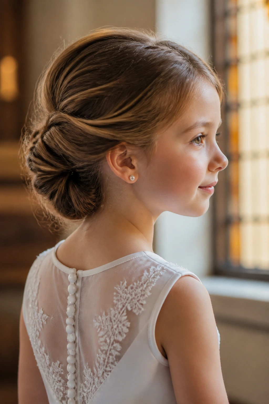 Close-up of a child with a soft French twist hairstyle in church setting