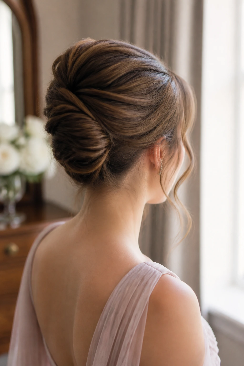 Close-up of a real woman showing a soft French twist at the nape with textured crown