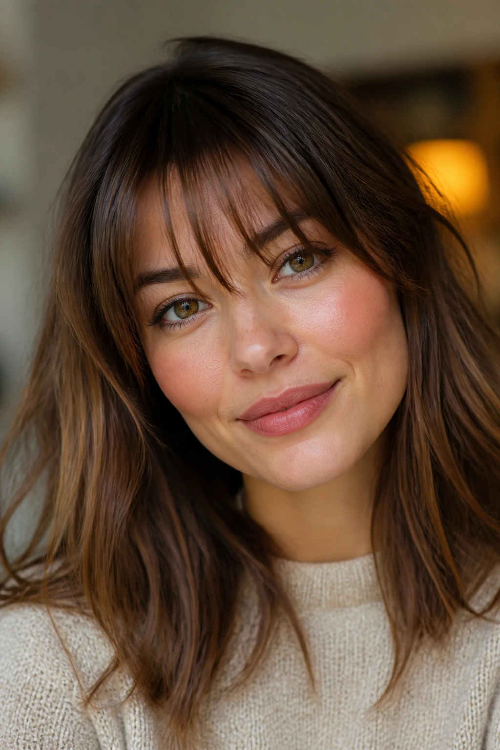 Close-up portrait of a real woman with a soft fringe