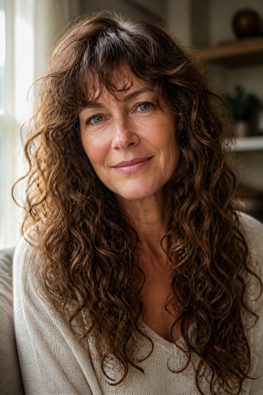 Older woman with soft-fringe long curly cut in natural light.