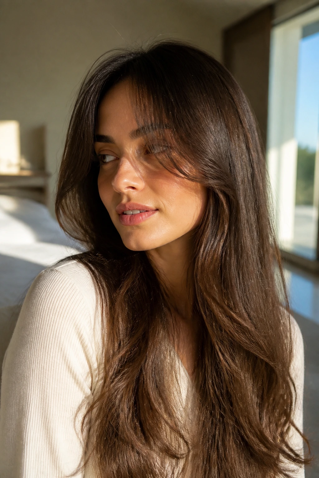 Close-up of a real woman with a soft-framed fringe on long hair