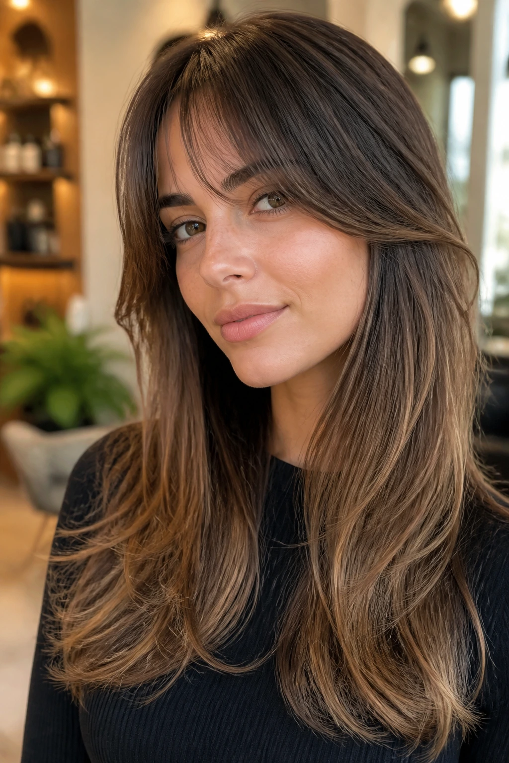 Close-up of a woman with a soft fringe blending into long layers
