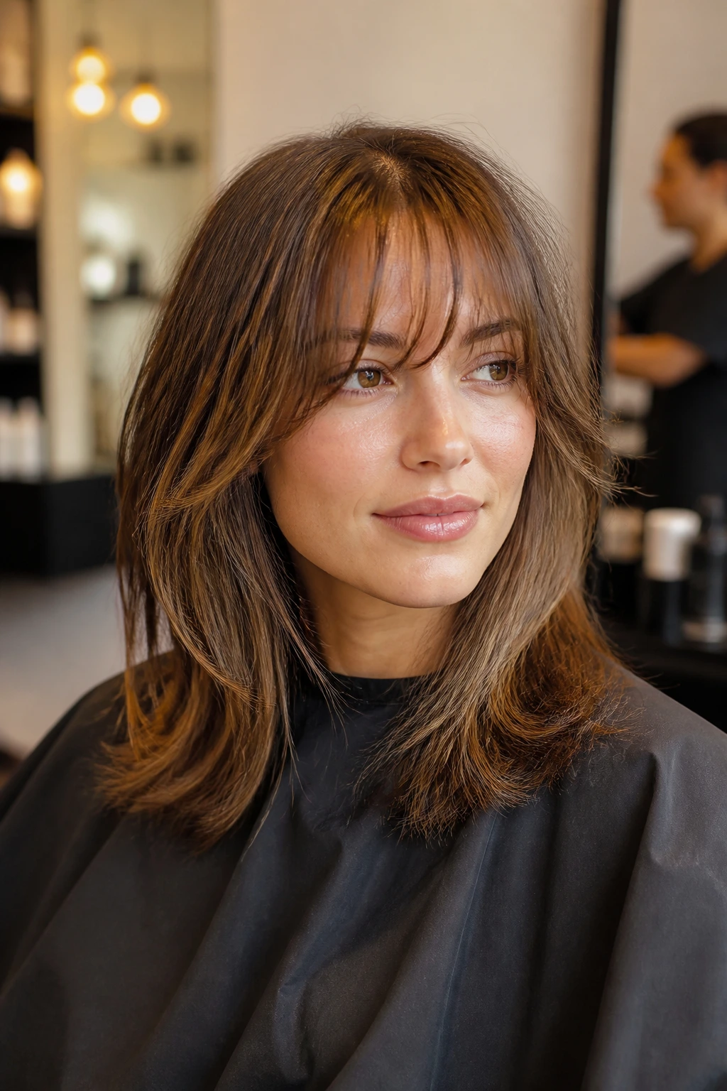 Portrait of a woman in a salon chair with a soft fringe
