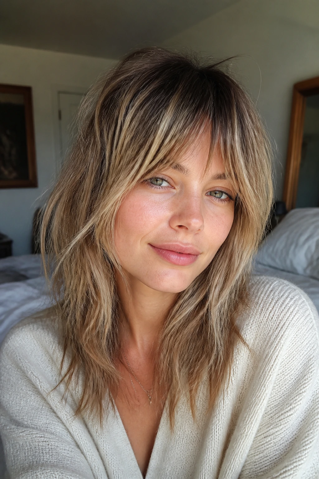 Portrait of person with soft fringe shag and airy fringe blending into side layers