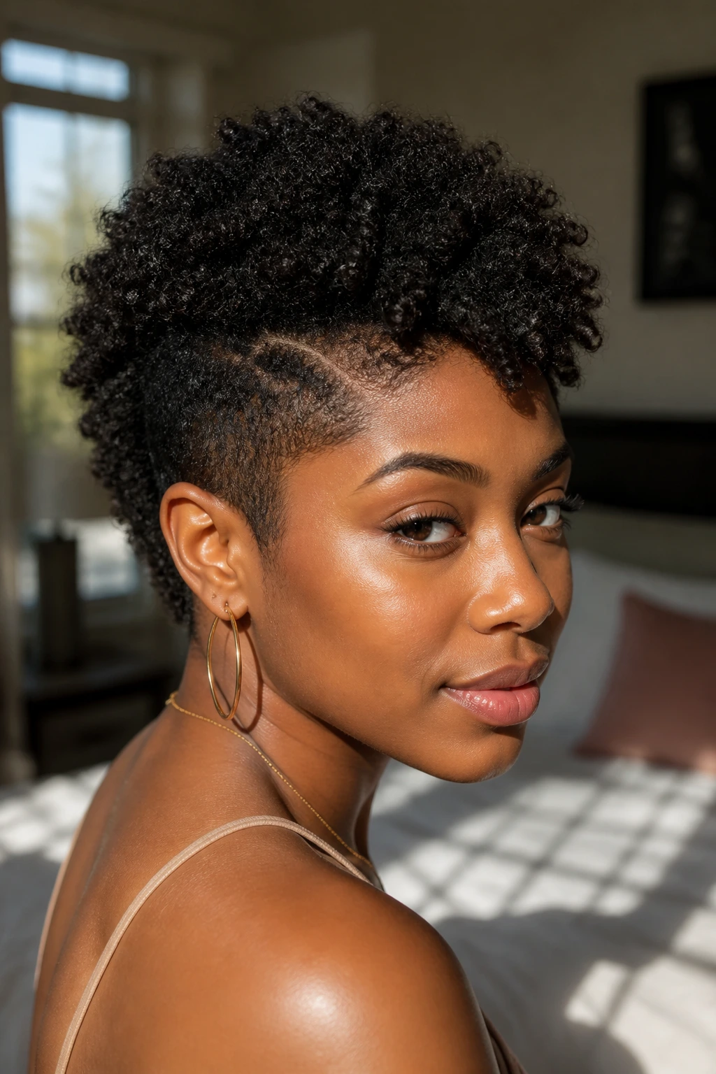 Close-up of a real Black woman with a soft frohawk pixie showing a fuller center and tapered sides.