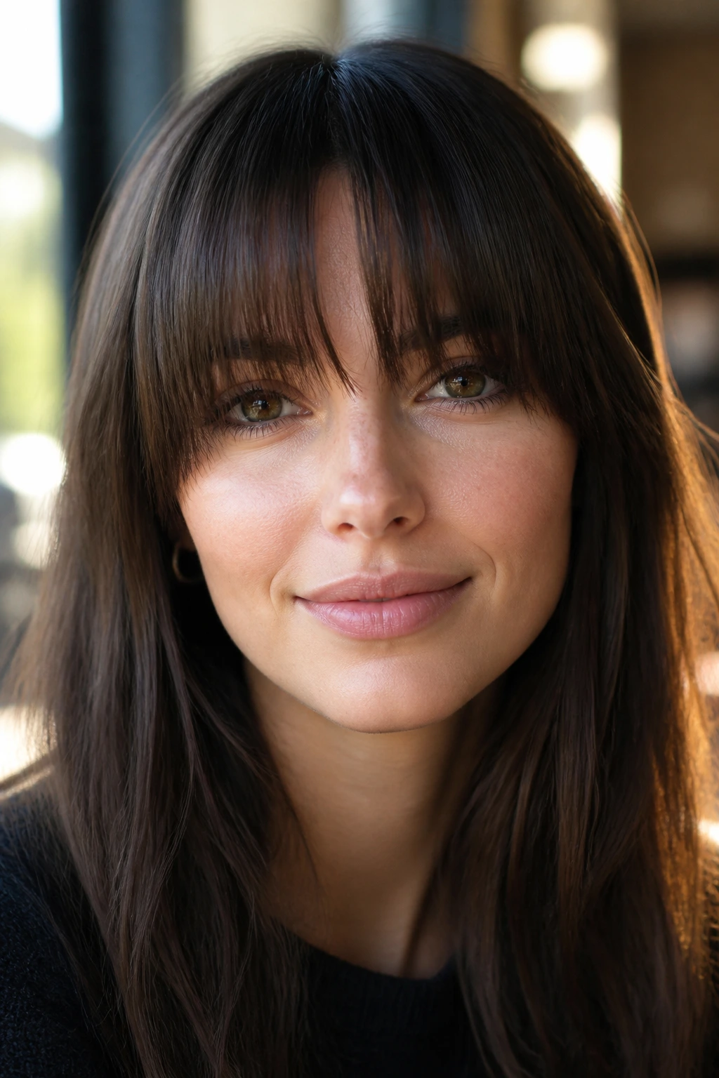 Close-up portrait of a woman with a soft full fringe and tiny center break
