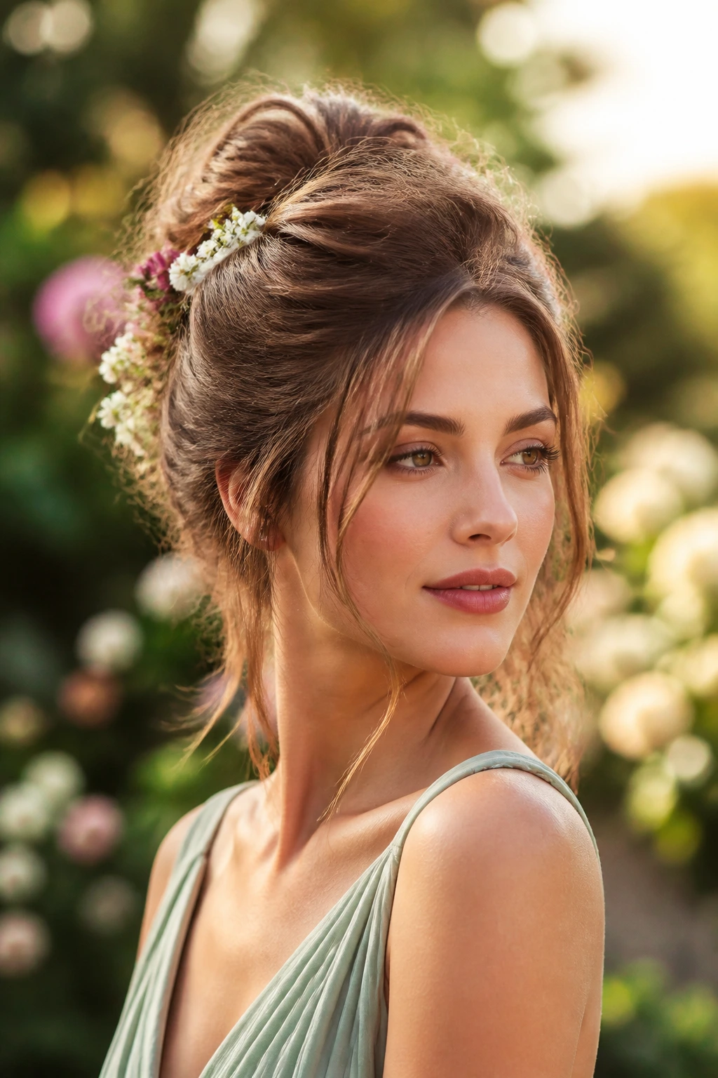 Portrait of a person with Soft Garden Bouffant featuring tendrils and floral accents in a garden setting.