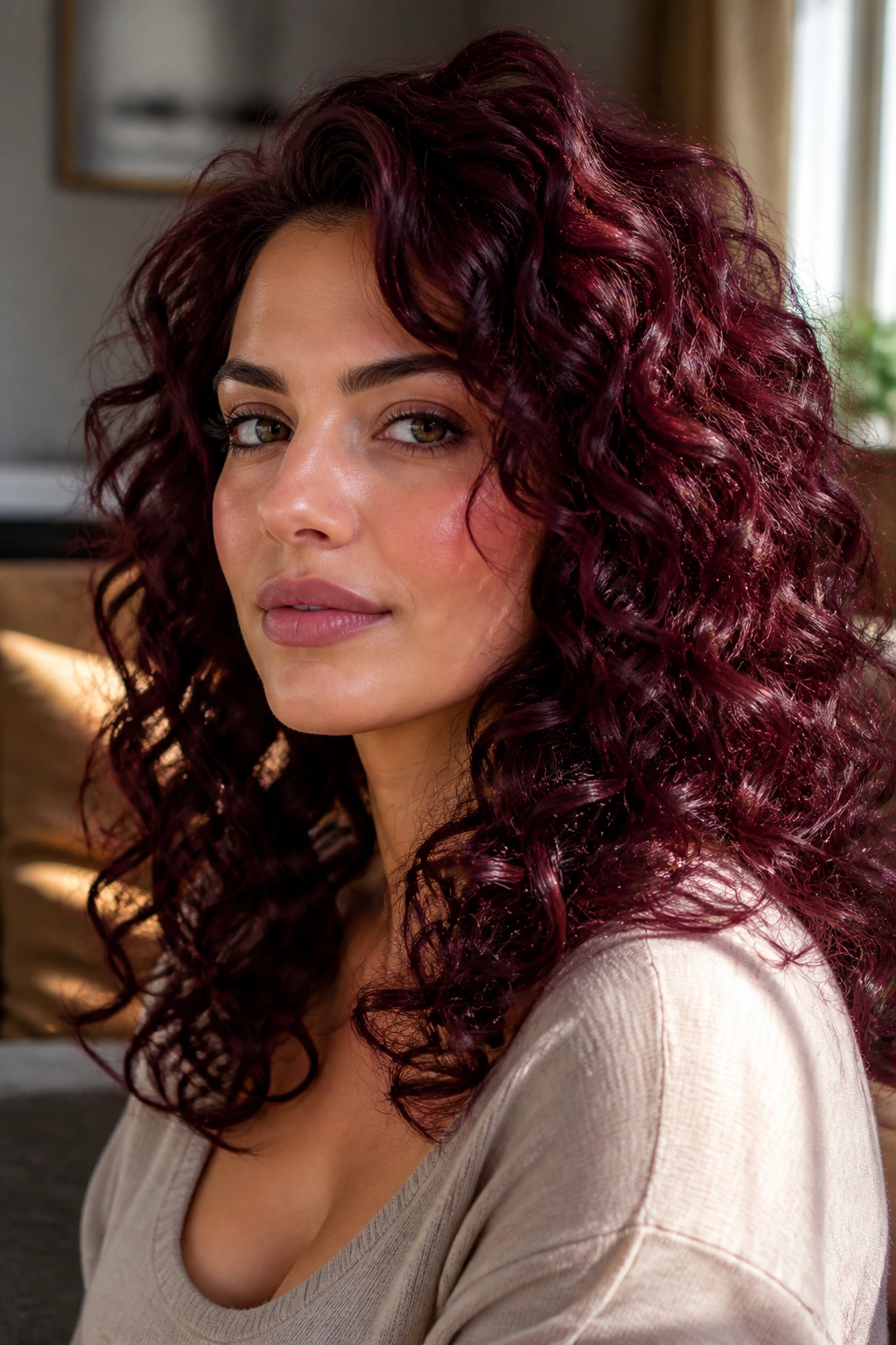 Portrait of woman with soft garnet curls catching light