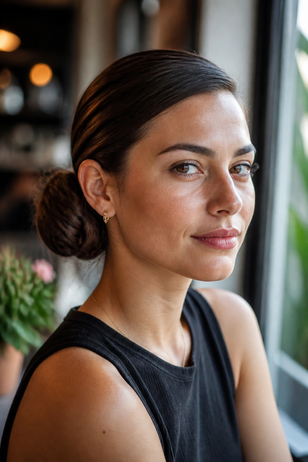 Close-up of a real woman with a soft gel side bun behind one ear and natural finish