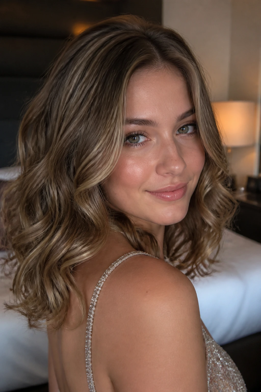 Close-up of a real woman with a soft glam prom hairstyle in a warmly lit hotel room.