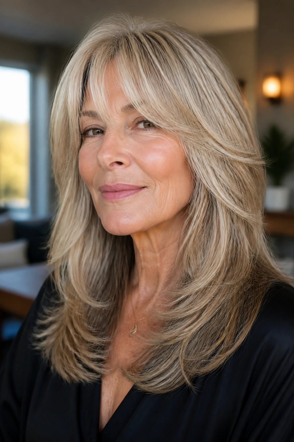 Close-up of a real woman with soft glam shag and curved ends in warm light