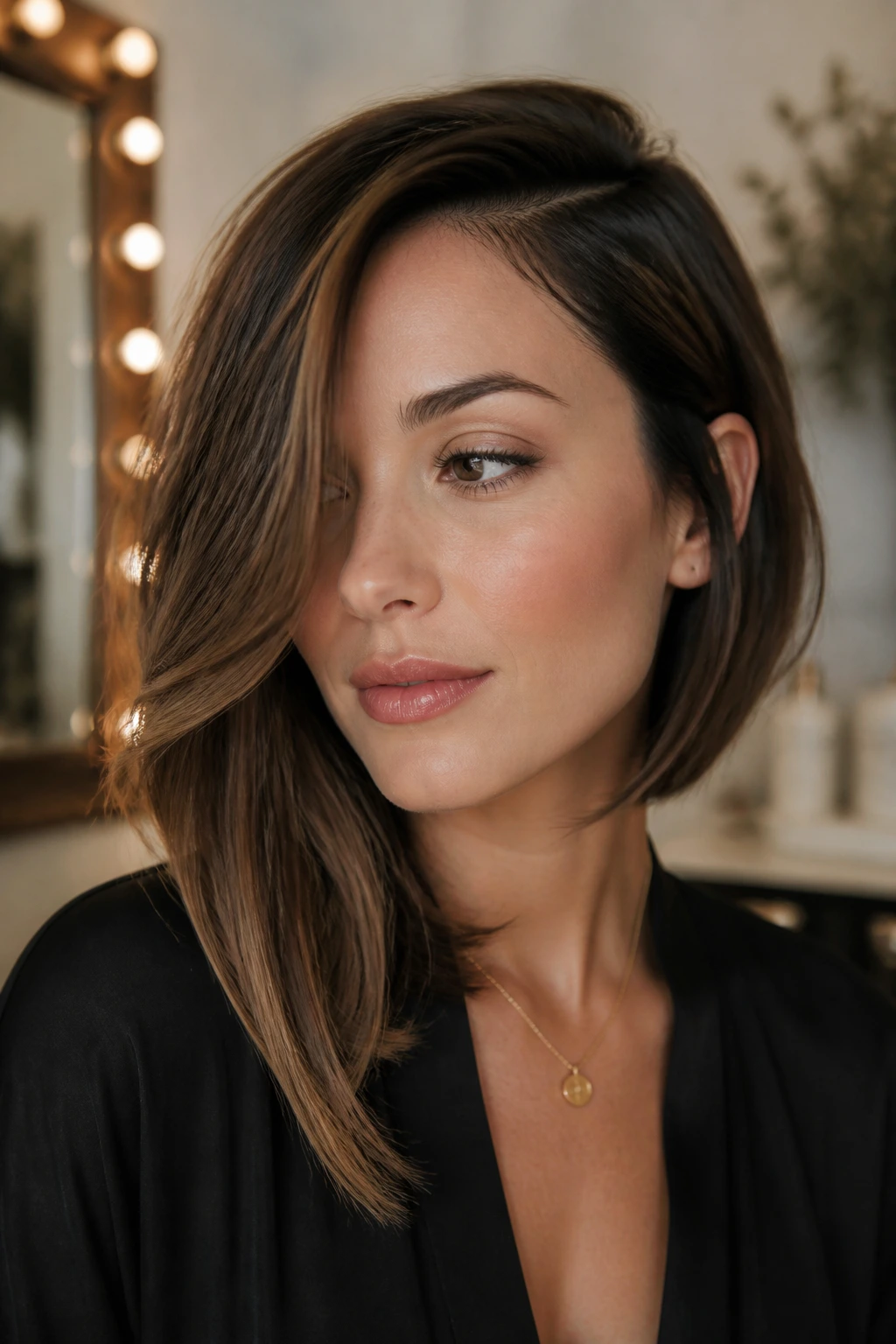 Real woman with soft glam side-sweep asymmetrical bob in dressing room.