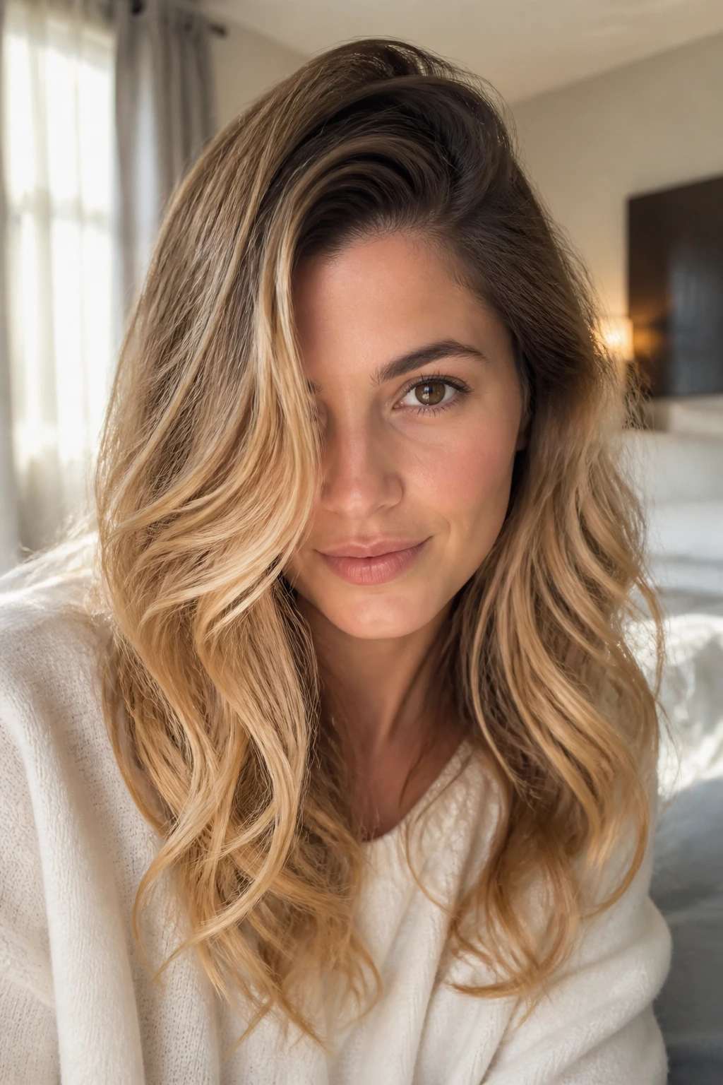 Portrait of a real woman with soft gold balayage and a deep part hairstyle