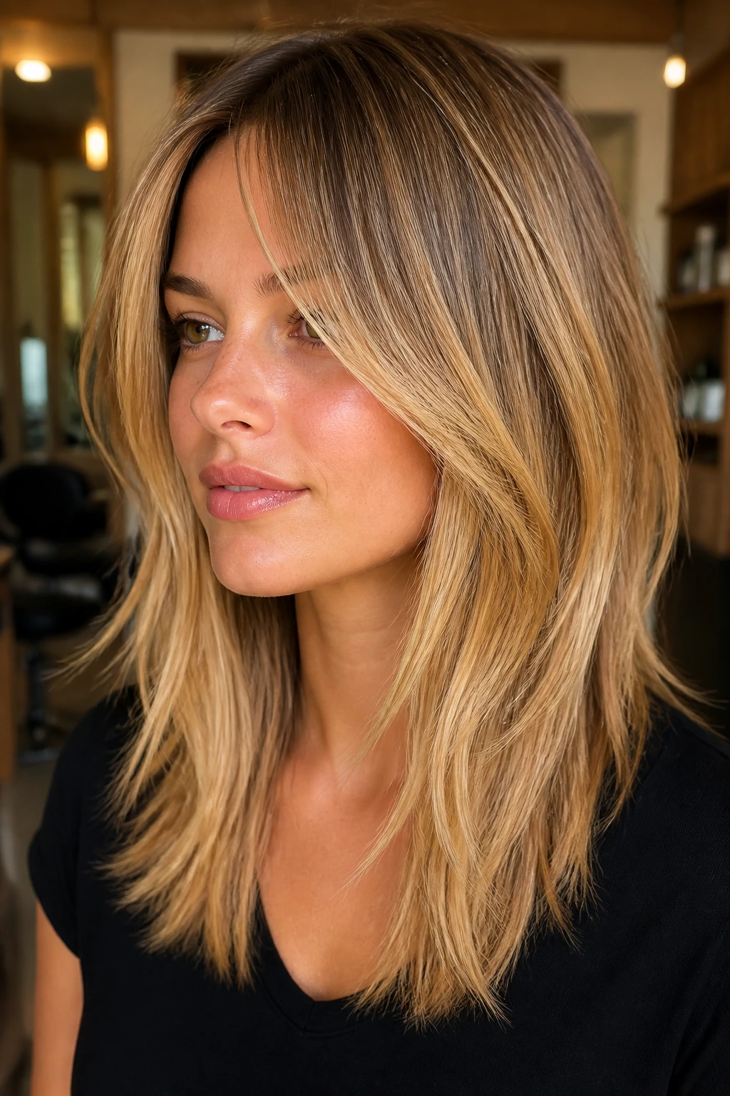 Close-up of a real woman with a sleek shag and soft gold balayage