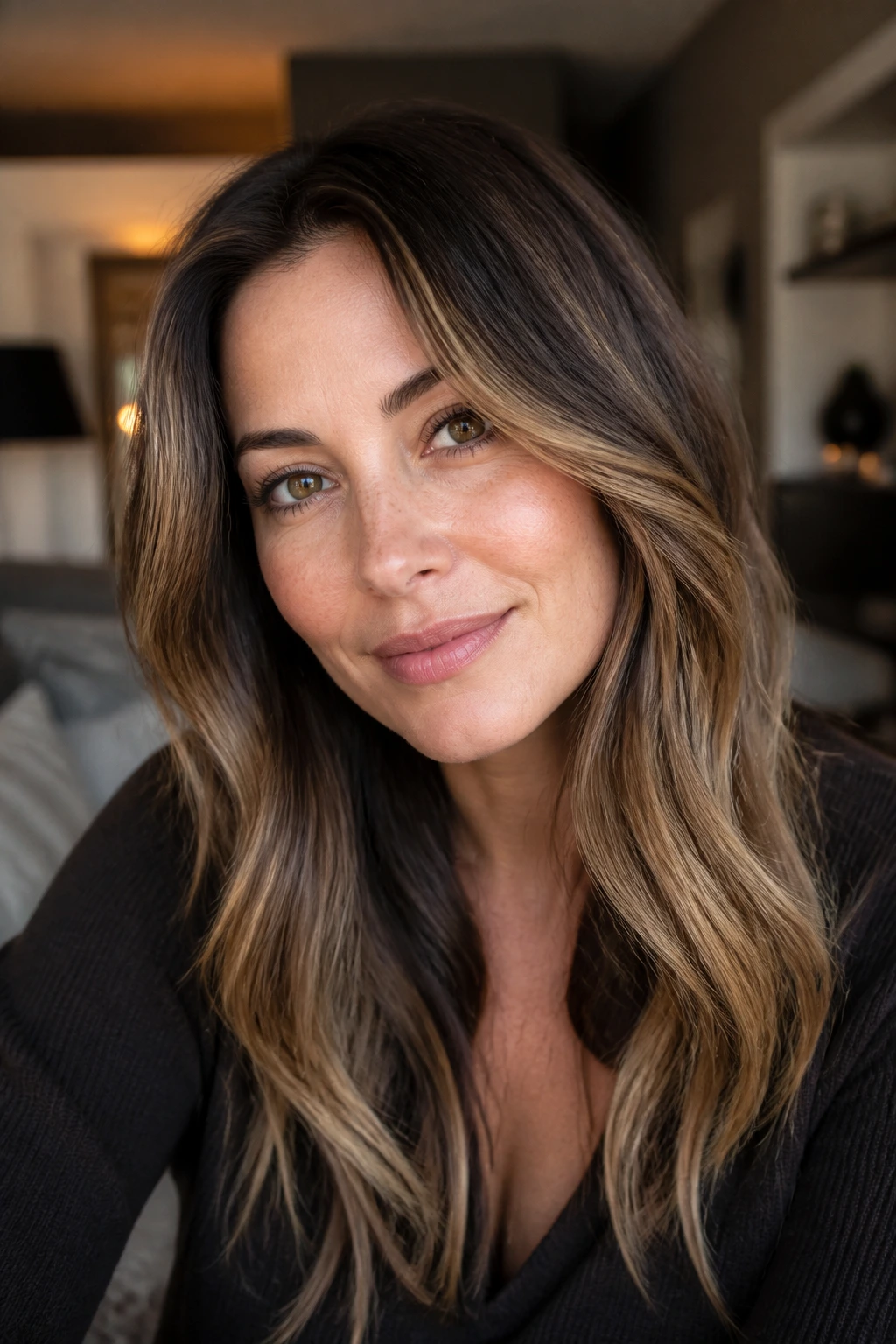 Brunette with subtle gold dusting highlights around the face