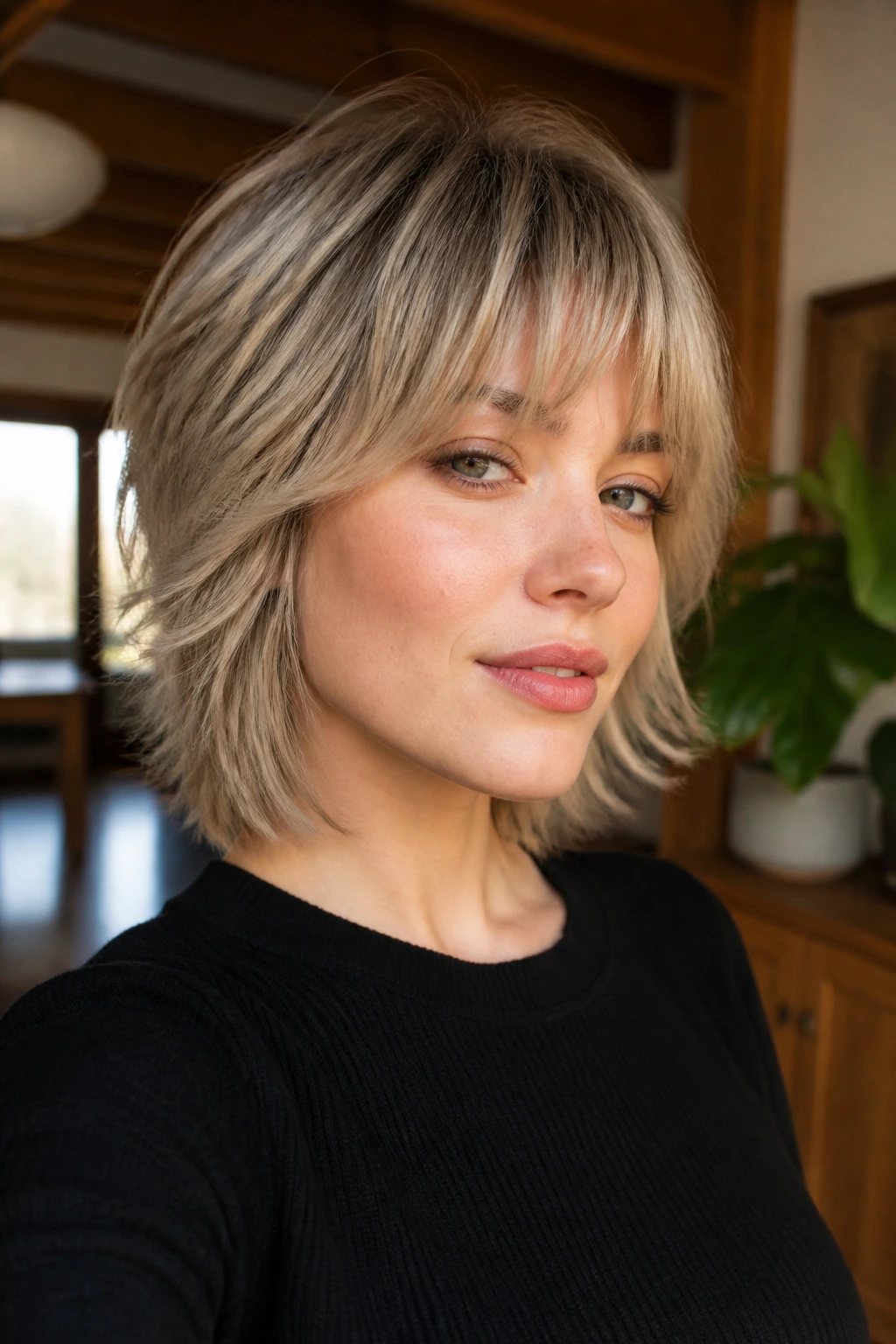 Close-up of a real woman with soft gradient shag and feathered bangs in a sunlit room