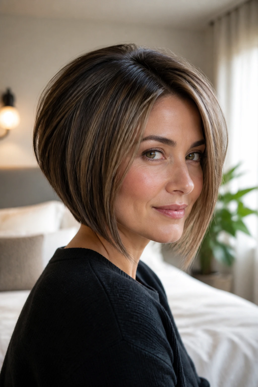 Real woman with a soft graduated bob in bright bedroom daylight.