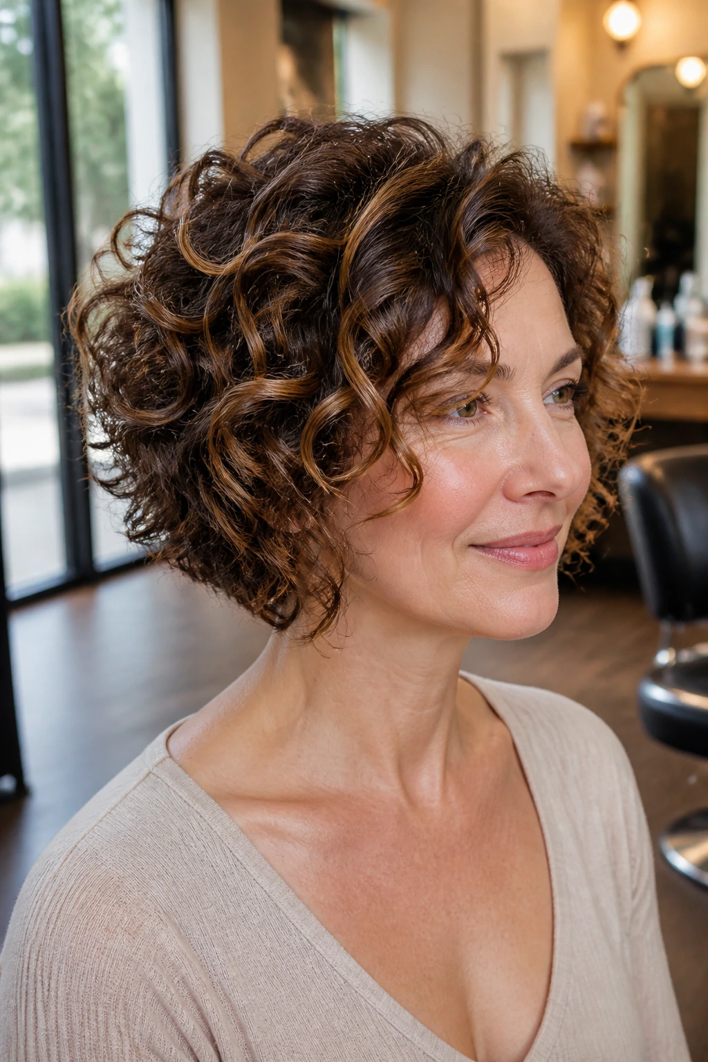 Close-up of real woman with soft graduated bob and defined curls in natural light