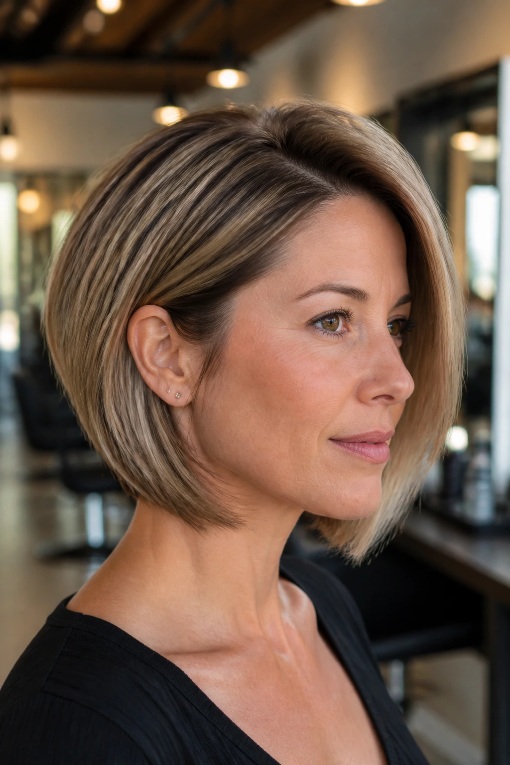 Close-up portrait of a real woman with a soft graduated bob showing a gentle bend