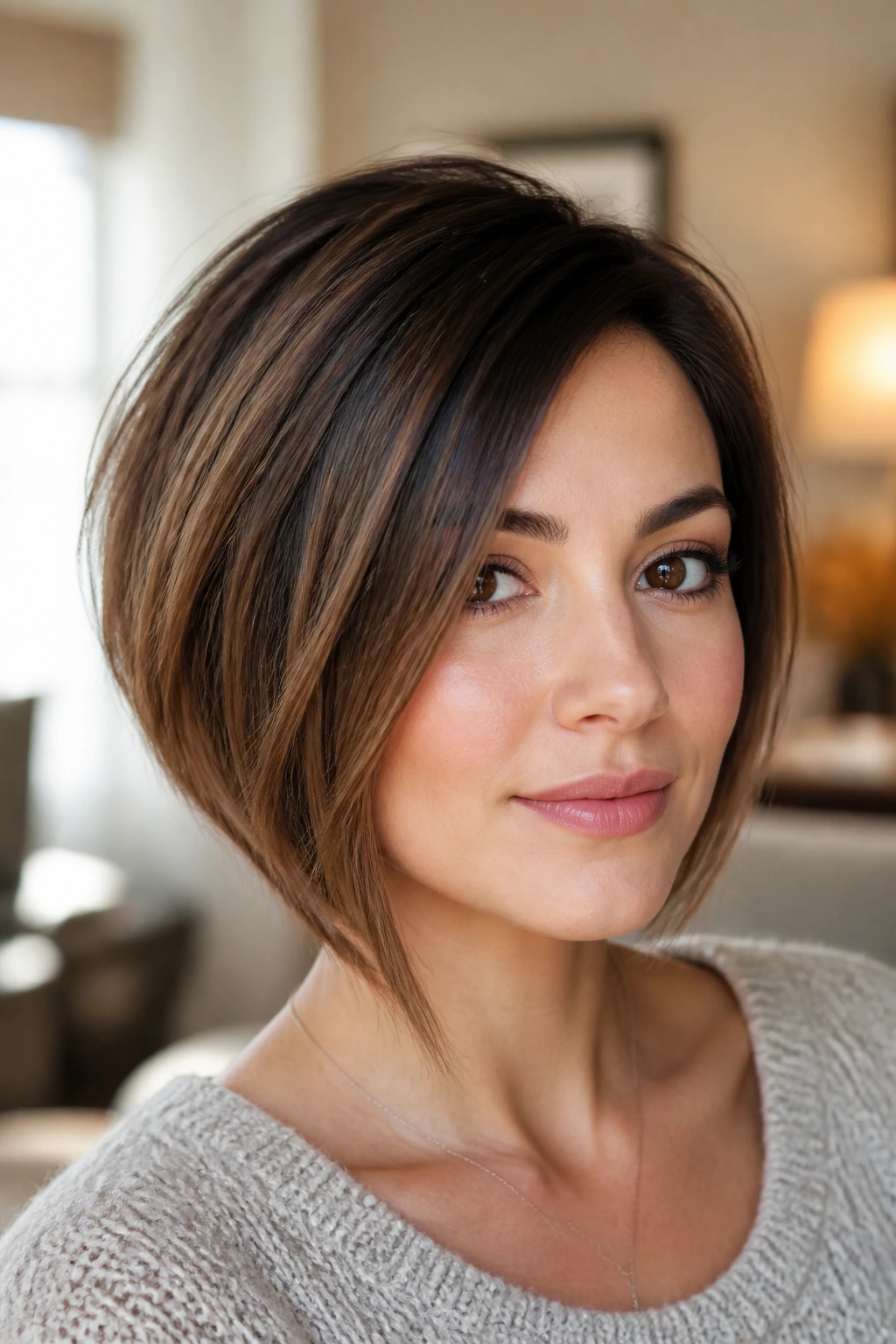 Close-up of a real woman with a soft graduated asymmetrical bob and gentle back-to-front transition