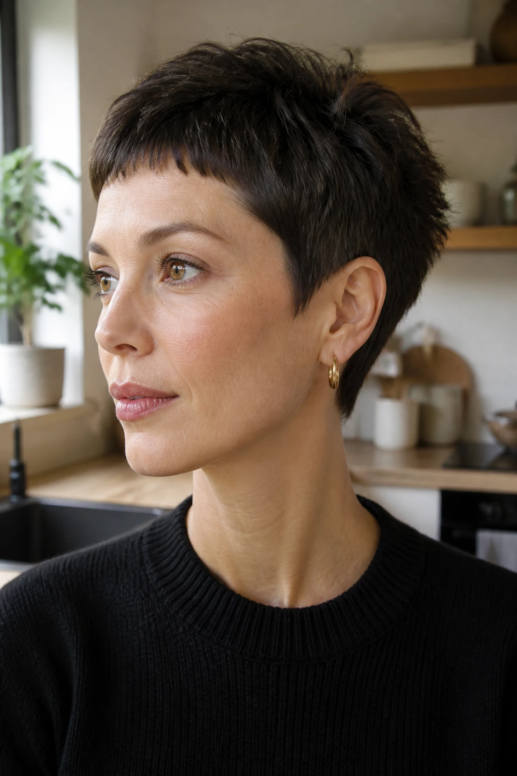 Close-up portrait of a real woman with a soft graduated crop and micro fringe.