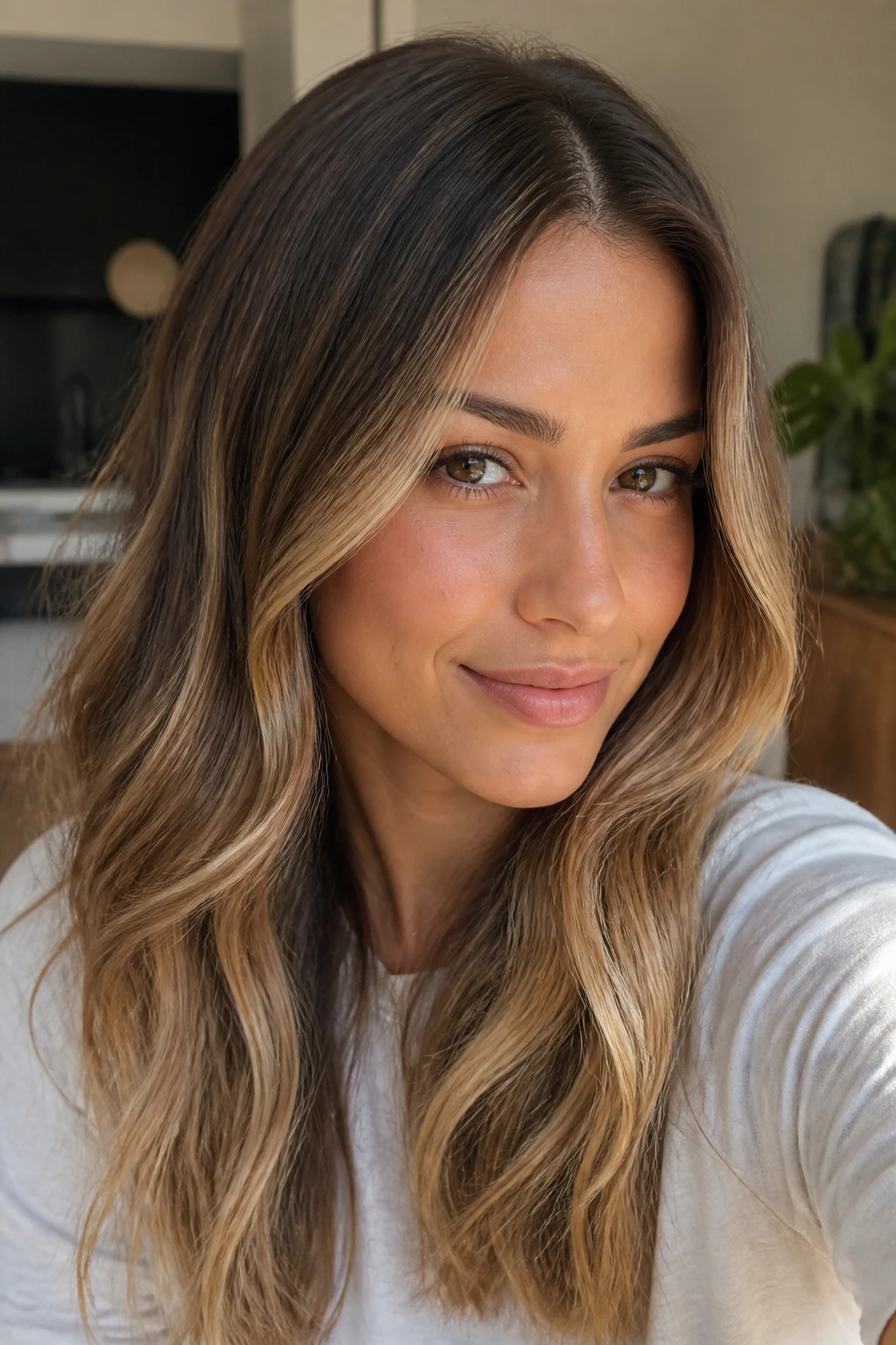 Close-up of balayage with seamless grow-out and blended roots on a real person.