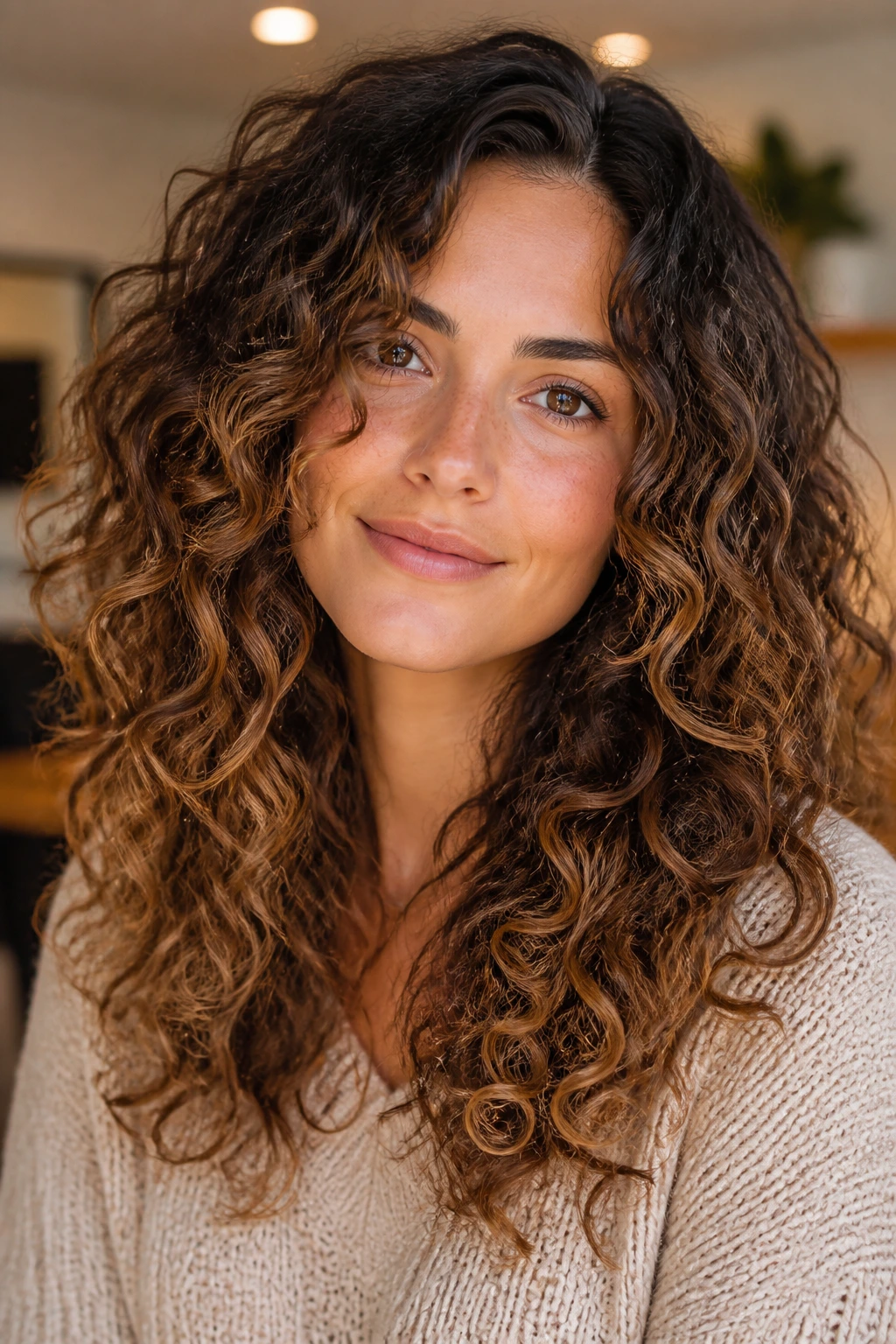 Close-up of a woman with long curly hair displaying soft grow-out shape and balayage highlights