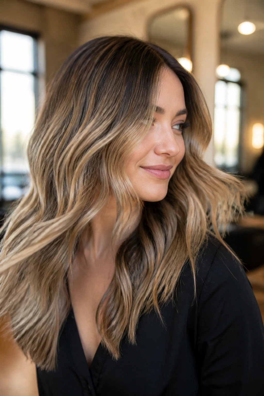 Close-up portrait of a real woman showing soft grow-out balayage with blurred roots and blended mid-lengths in warm salon light.