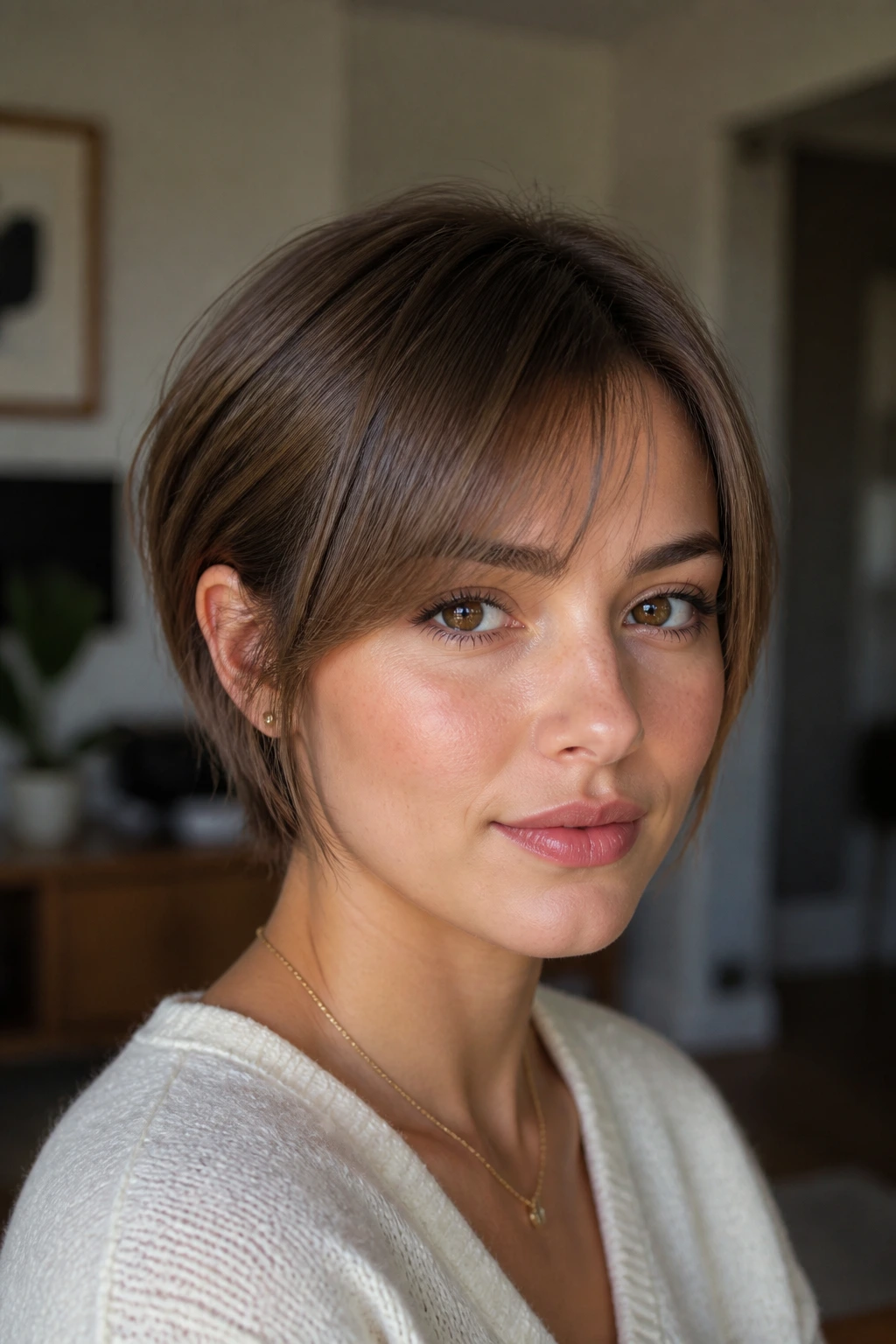 Close-up of a person with soft grow-out bangs framing the face.