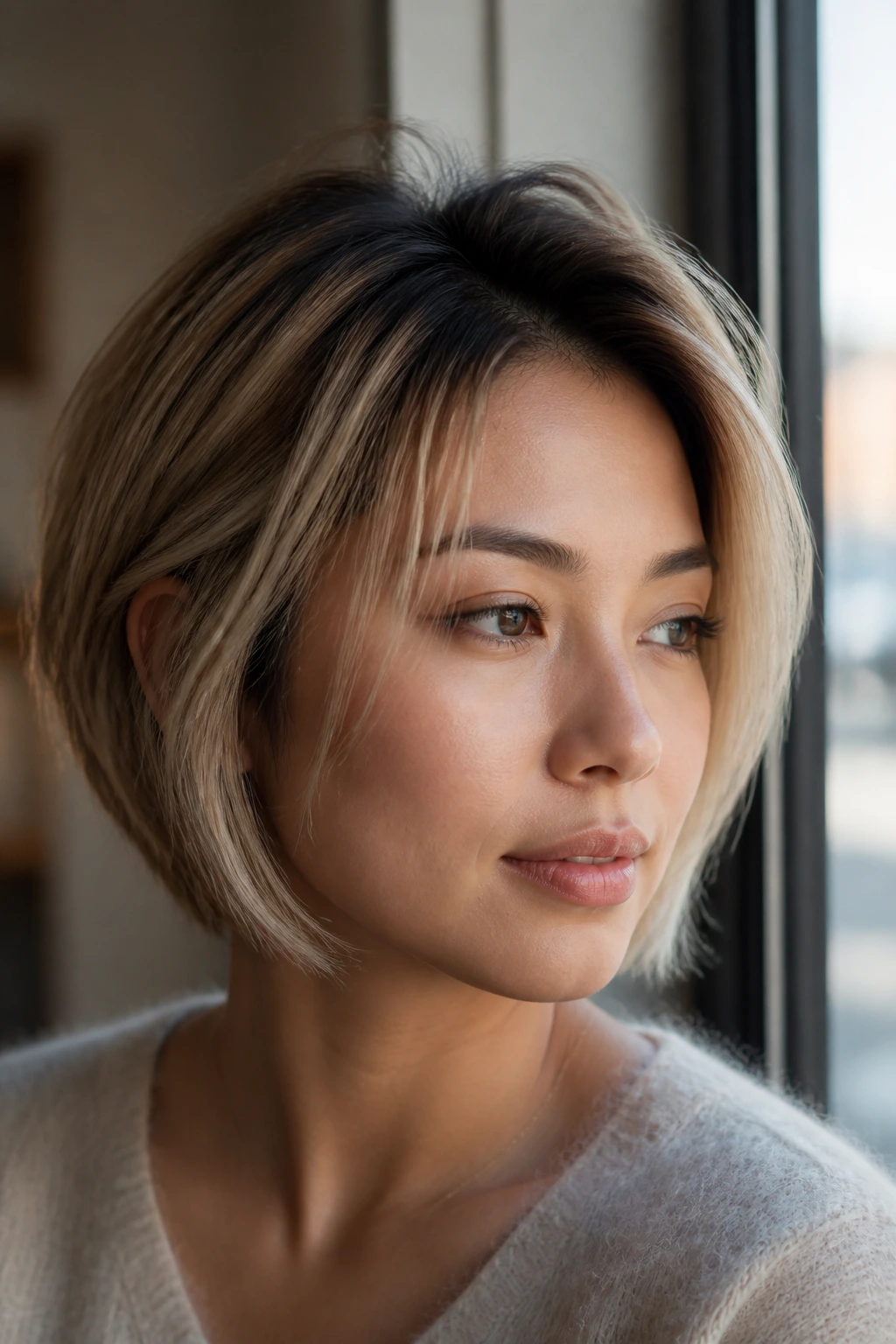 Close-up of short blonde hair with a soft grow-out look and beige highlights
