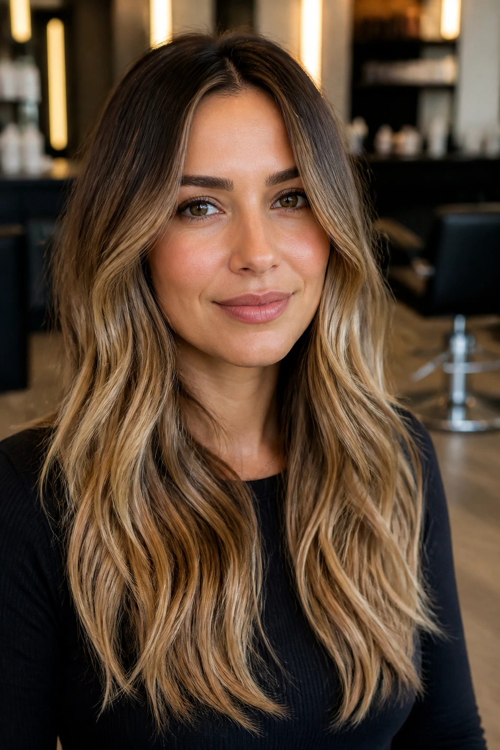 Close-up of a real person showing a soft grow-out color melt with blended roots and ends