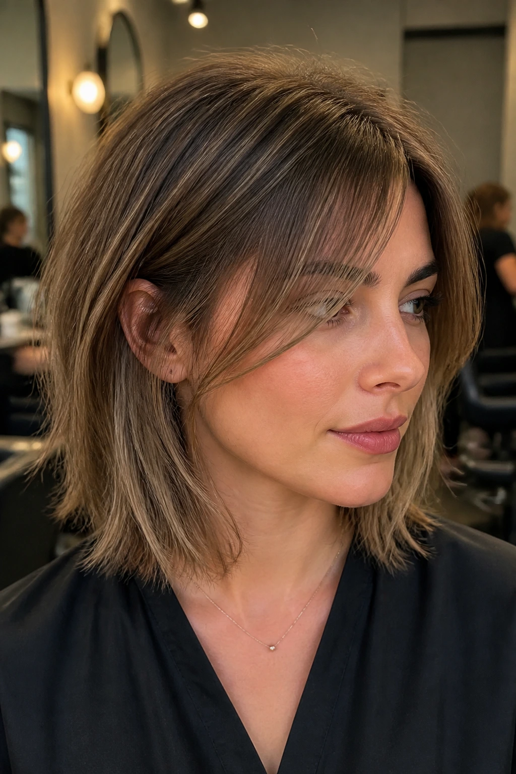 Real woman with a soft grow-out lob showing flexible fringe length.