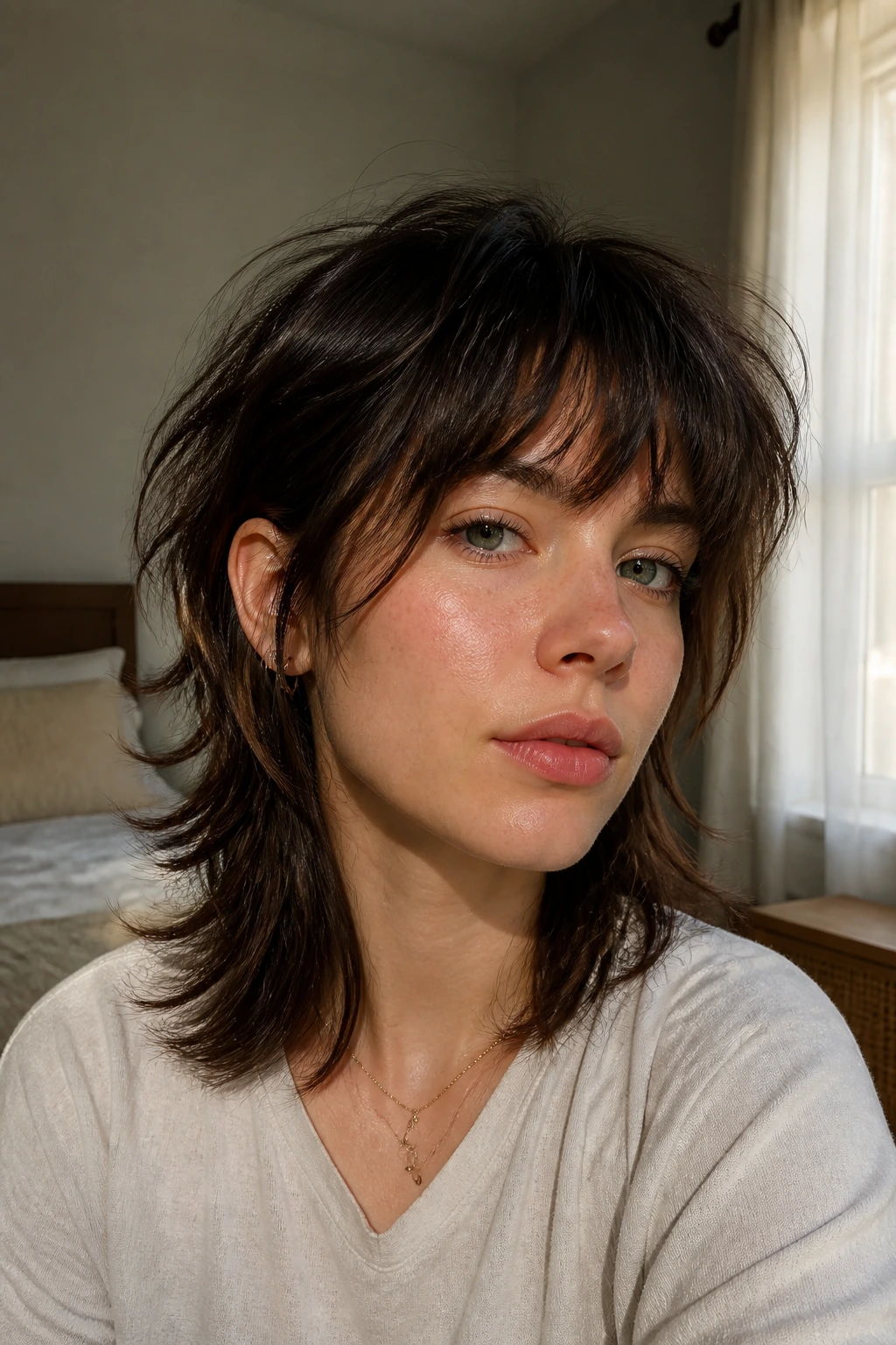 Close-up portrait of person with soft grow-out shoulder-length mullet in a softly lit room