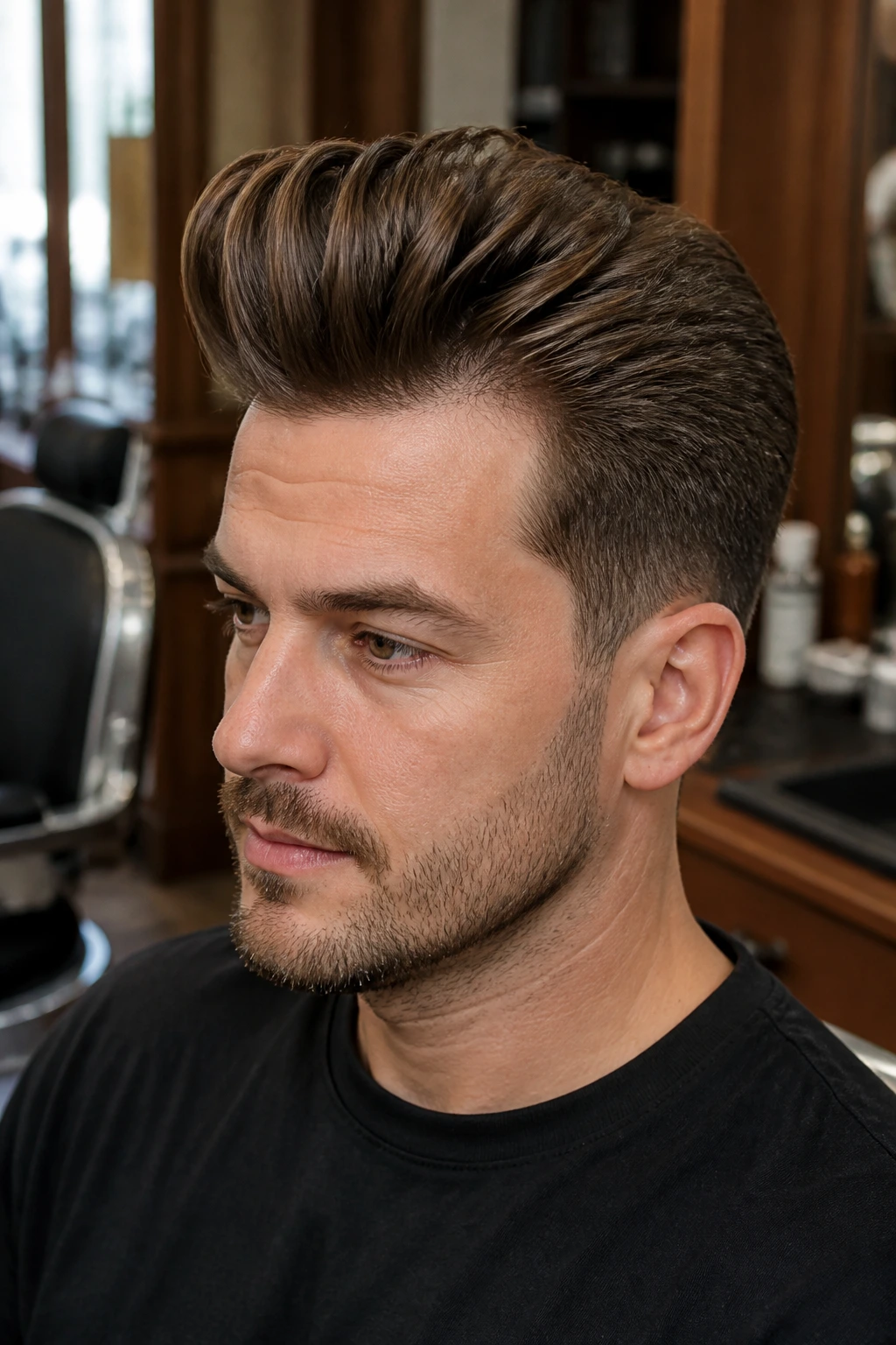 Close-up of a man with a soft grow-out pompadour in a warm barber shop setting