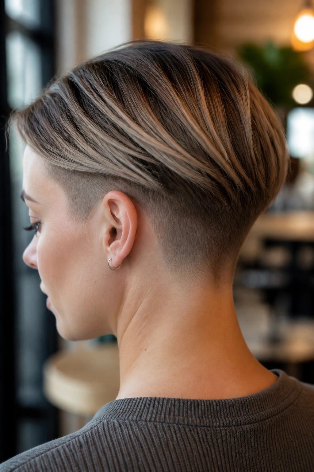 Close-up portrait showing a soft-blend undercut at the nape with growing-out hair.